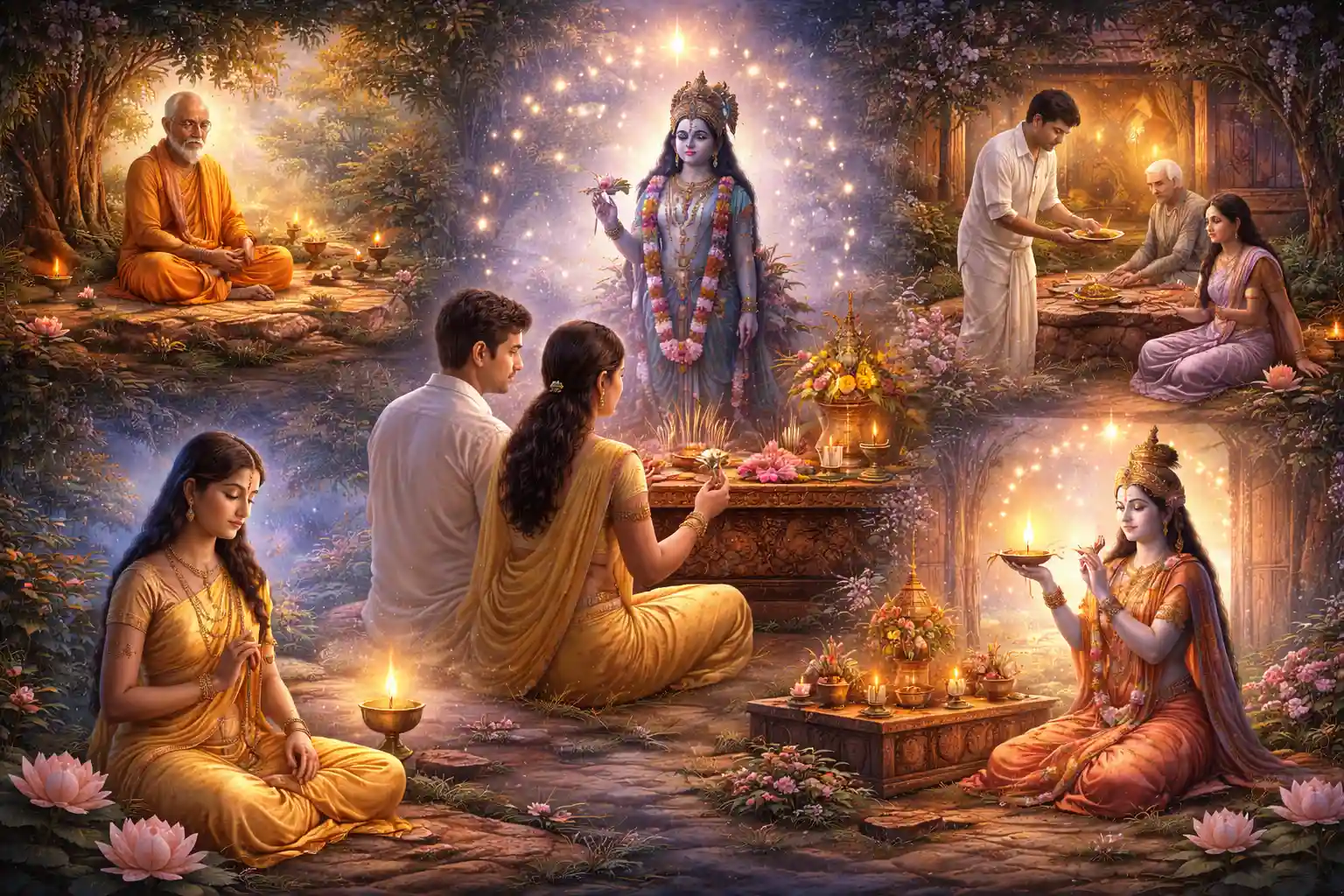 Devot Devotees engaged in meditation, prayer, and service during Krishna Paksha in a calm, devotional setting.