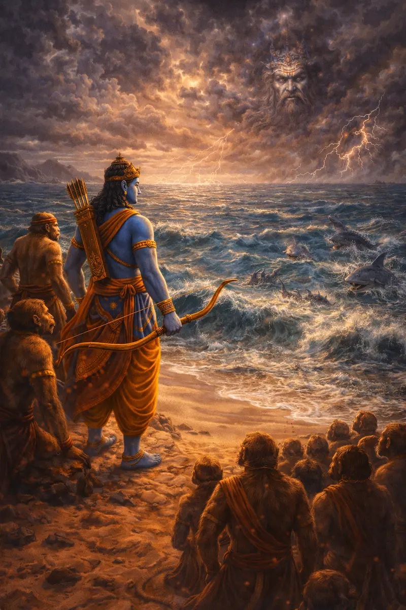 Before the endless ocean, Lord Rama reminds us that surrender opens the path to divine victory.