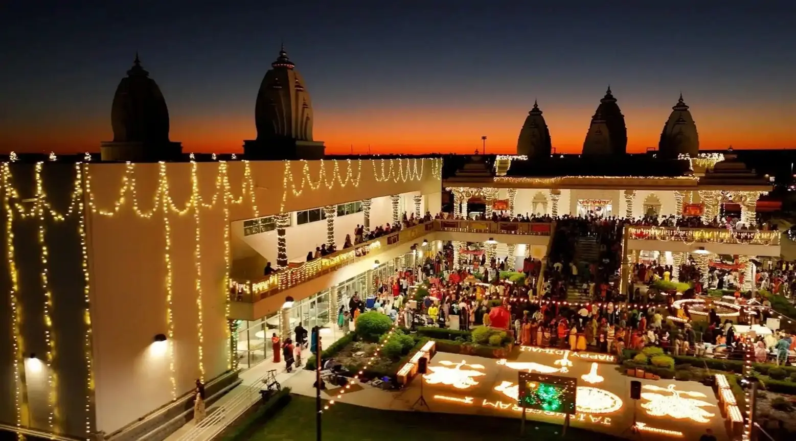 Festival celebration at Radha Krishna Temple Dallas with decorations and devotees.