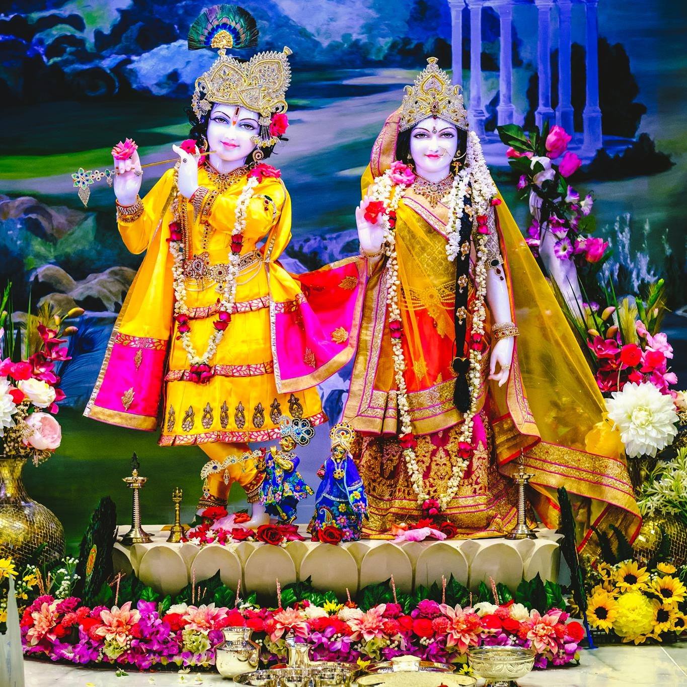 A beautiful portrait of Radha Krishna deities in their shringar at Radha Krishna Temple in Dallas.