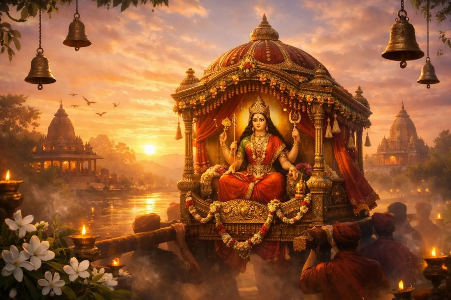Maa Durga seated in a decorated Palanquin on Chaitra Navratri 2026.
