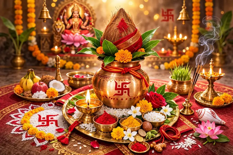 Navratri Kalash Sthapana before Durga altar.