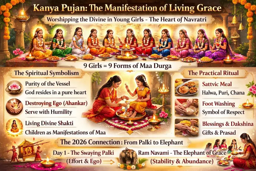 Navratri Kanya Pujan ceremony where devotees worship young girls as the nine forms of Goddess Durga.