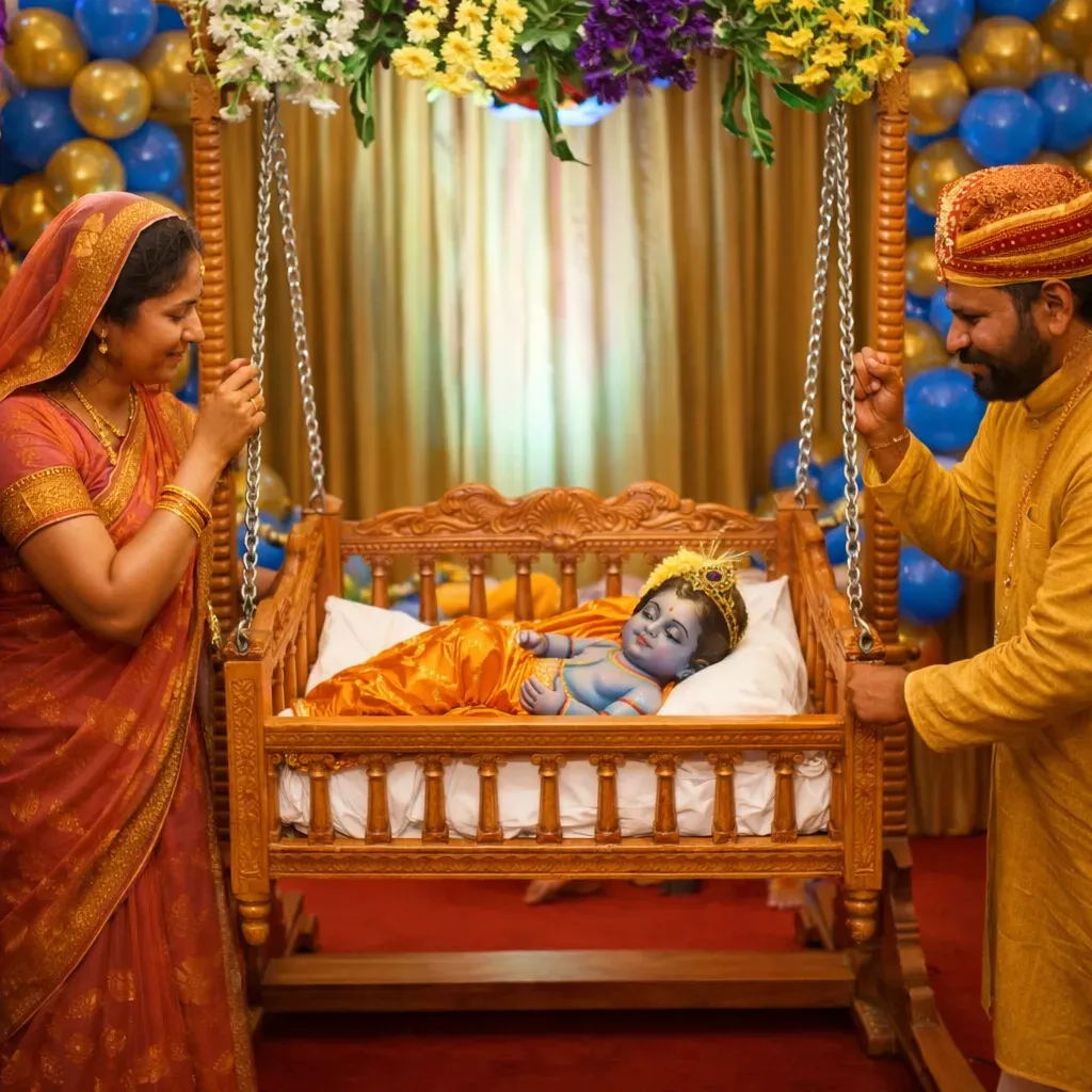 Devotees lovingly swing the cradle of Baby Ram during the Jhoolan ceremony, celebrating the joyful birth of Lord Ram on Ram Navami.