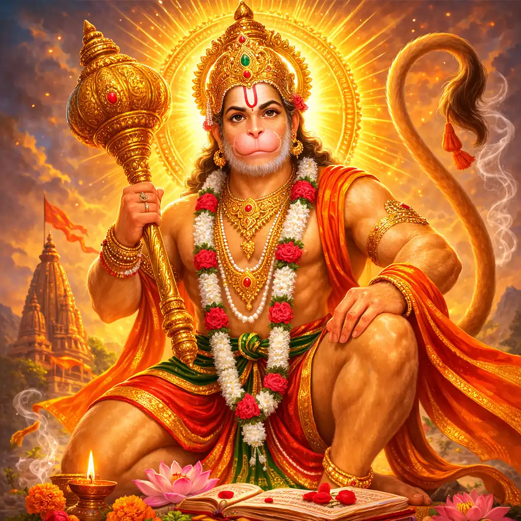 Devotional illustration of Hanuman holding his sacred gada, representing power, protection, and unwavering devotion to Lord Rama.