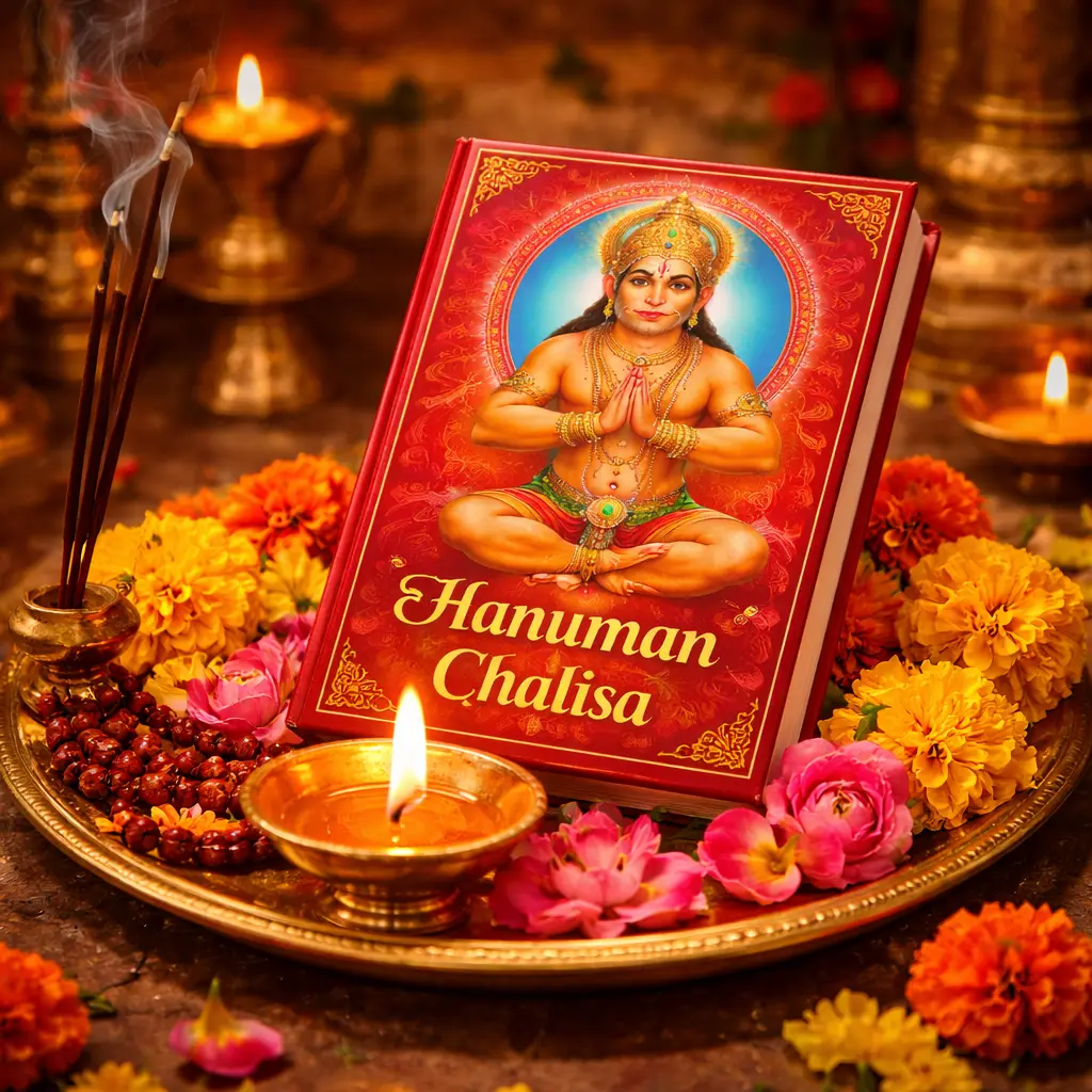  Hanuman Chalisa prayer book with diya and flowers on a Hindu altar