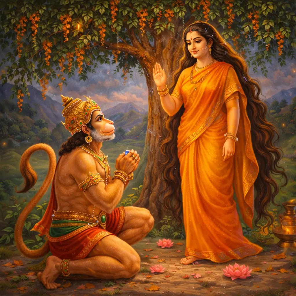 Hanuman meeting Mother Sita in Ashok Vatika in Lanka from the Ramayana