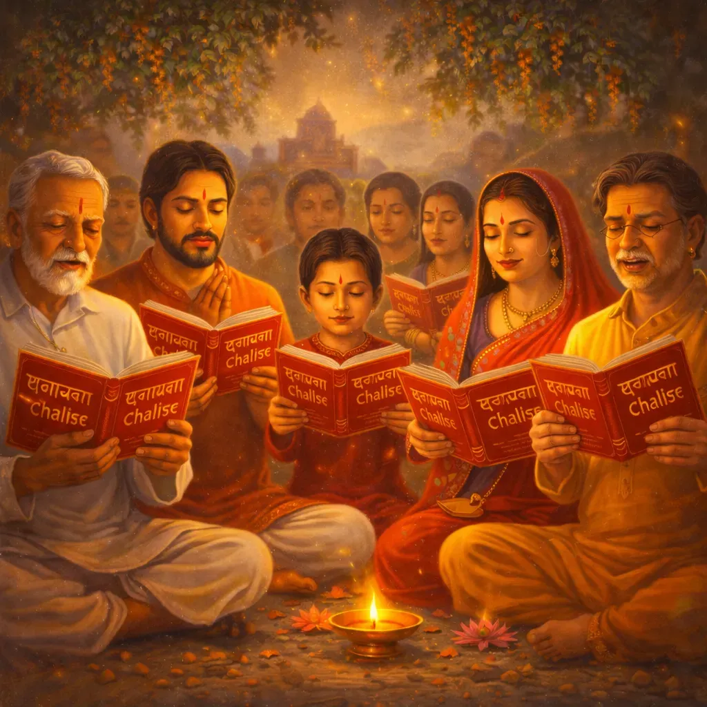 Devotees reading Hanuman Chalisa together during prayer