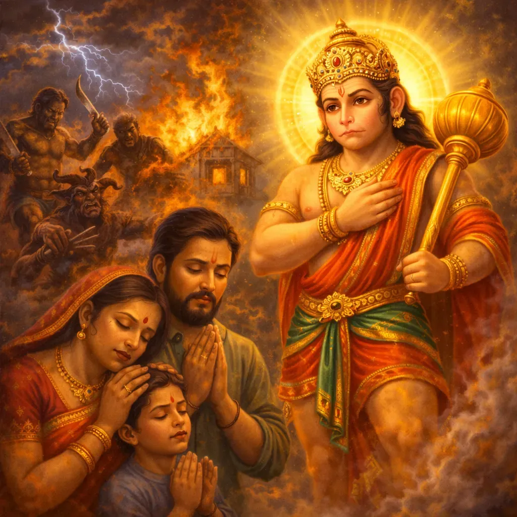 Lord Hanuman removing troubles of devotees from Hanuman Chalisa verse Sankat kate mite sab peera