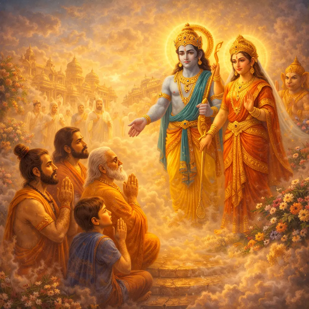 Devotees reaching the divine abode of Lord Rama and Sita symbolizing liberation in Hanuman Chalisa