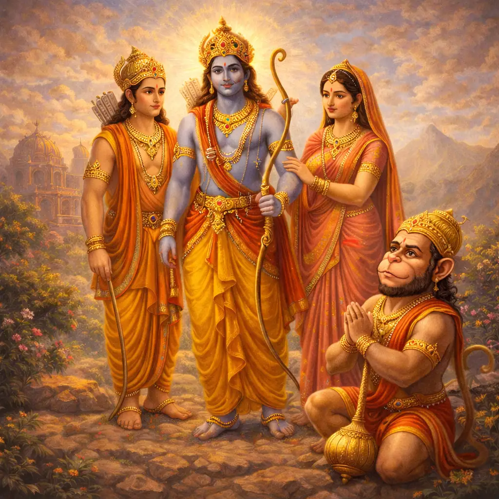 Ram Darbar with Lord Ram Sita Lakshman and Hanuman representing devotion and dharma in the Ramayana
