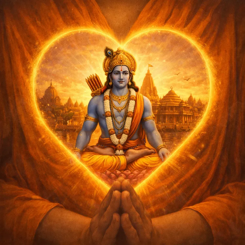 Lord Ram glowing inside a heart symbolizing inner Ayodhya and spiritual devotion.