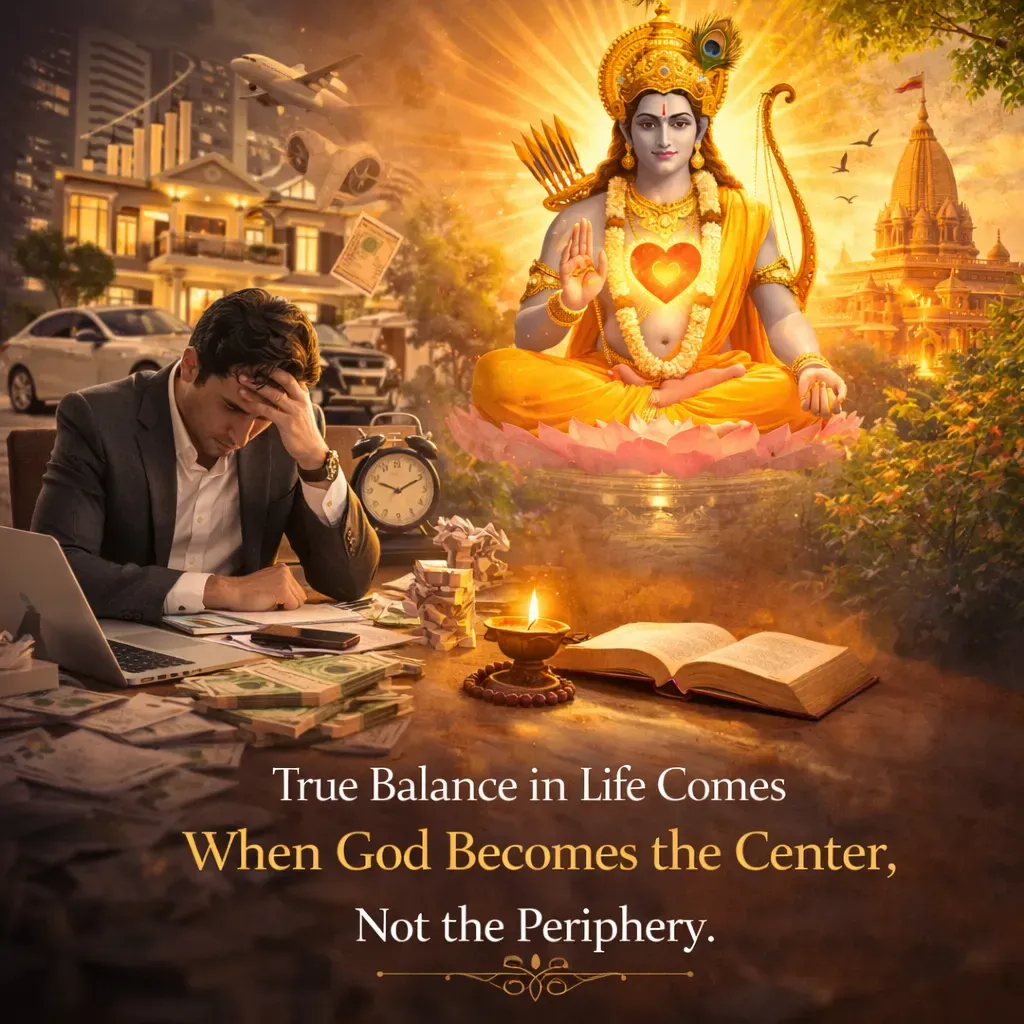 Illustration of material stress and divine peace with Lord Ram showing that true balance comes when God is the center of life.