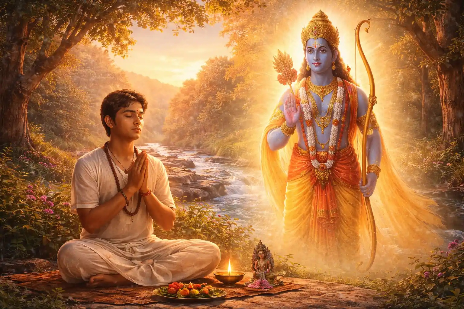 Devotee praying peacefully by a river while Lord Ram stands beside him, symbolizing that pure devotion brings the Divine close.