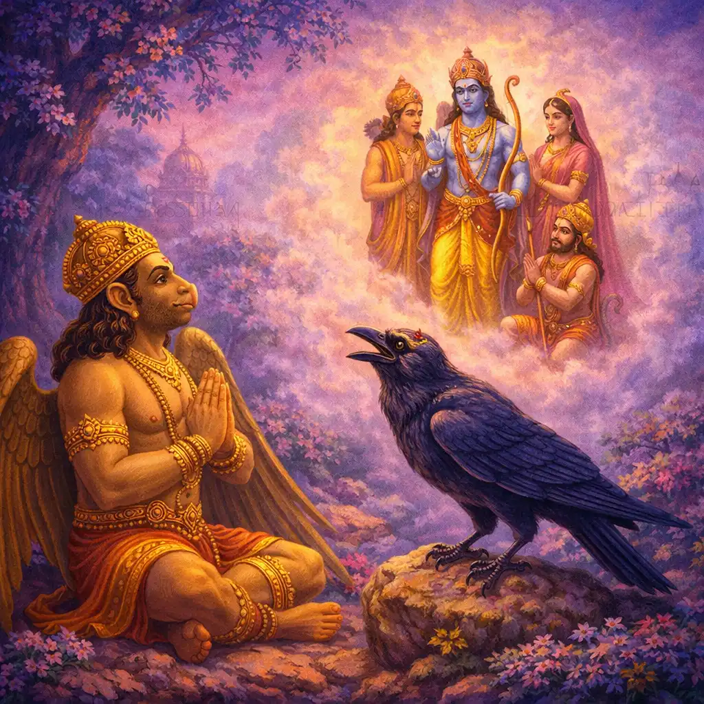 Sage Kag Bhushundi, in the form of a crow, narrates the divine story of Lord Ram to Garuda, revealing the timeless wisdom of the Ramayana.