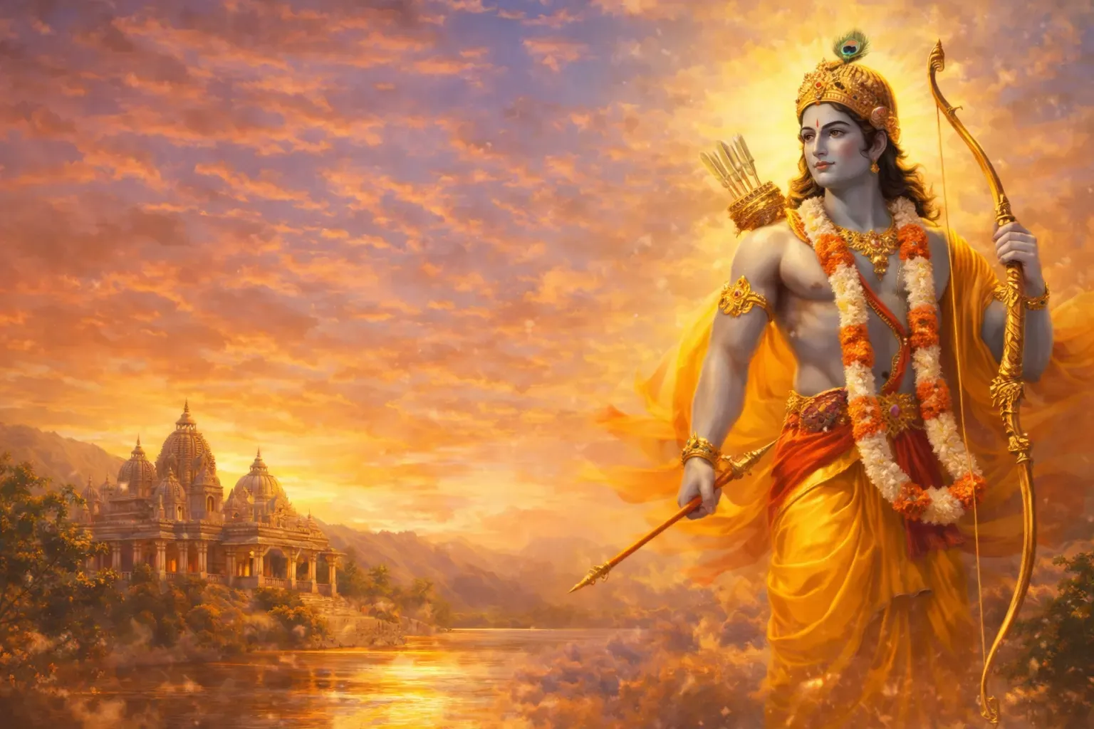 Lord Ram standing with bow at sunset near temple and river symbolizing dharma and devotion