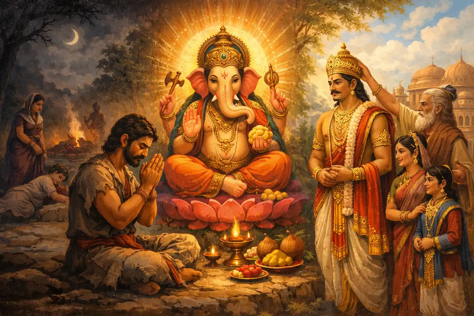 King Harishchandra’s devotion and truthfulness led to divine redemption and restored glory.