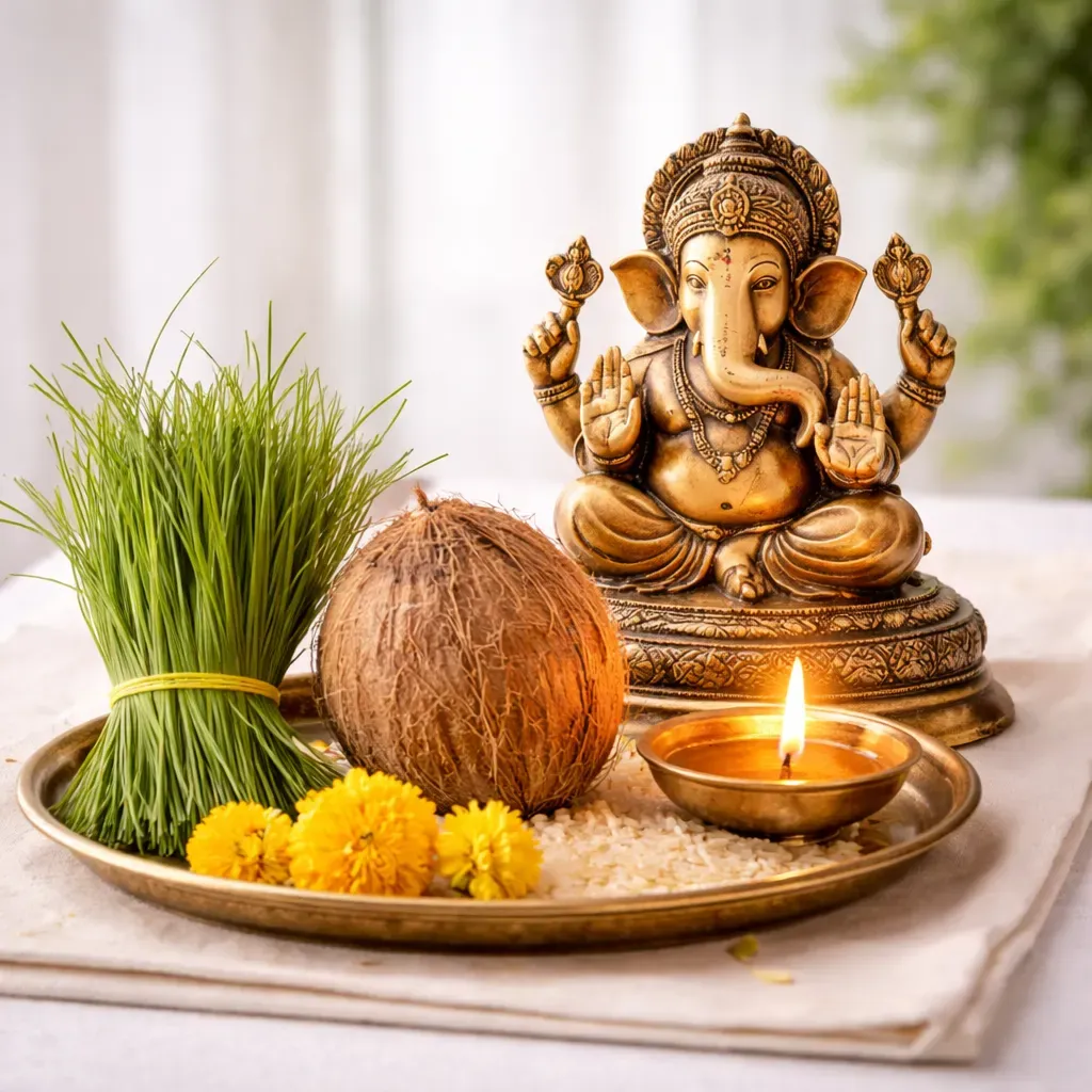 A simple arrangement of Lord Ganesha, durva grass, and coconut reflects purity, detachment, and focused devotion on the spiritual path.