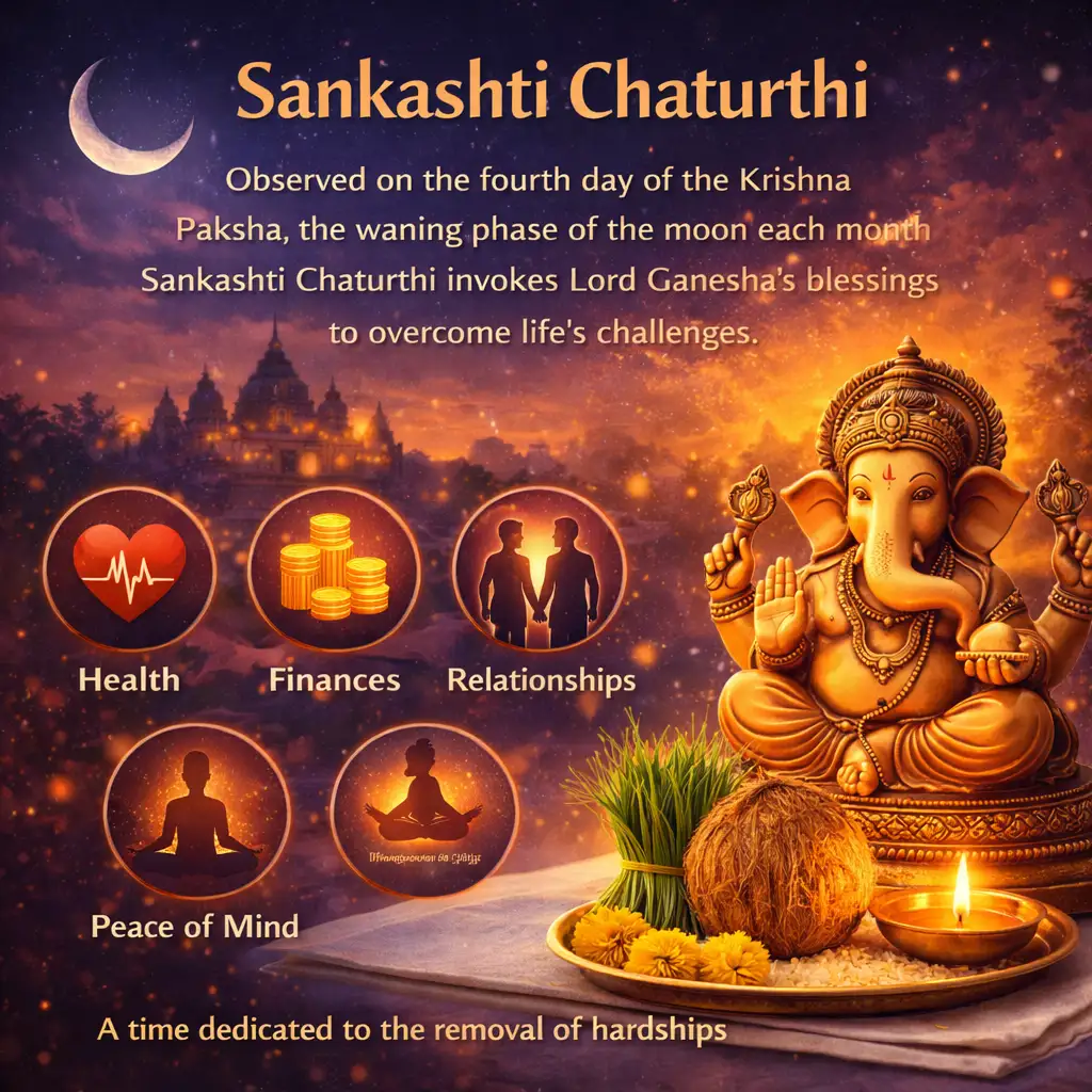 Sankashti Chaturthi is a sacred monthly observance dedicated to Lord Ganesha, seeking divine blessings to remove obstacles and bring peace, prosperity, and inner balance.