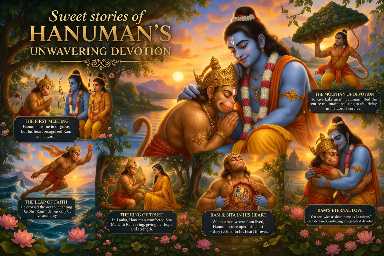 Ramayana artwork showing Lord Rama and Hanuman’s devotion, including leap to Lanka, Rama in heart, and scenes of eternal bhakti.