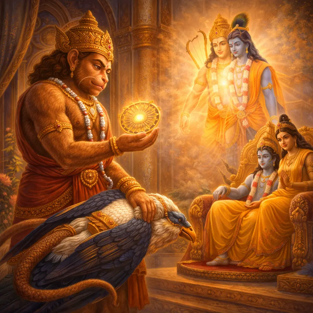 Hanuman holding Sudarshan Chakra with subdued Garuda before Krishna and Satyabhama recognizing Lord Ram divine form devotional illustration