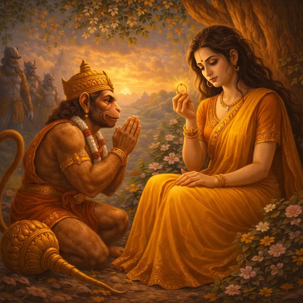 Hanuman meeting Sita in Ashok Vatika giving Lord Ram's ring and assuring her of rescue in Ramayana illustration