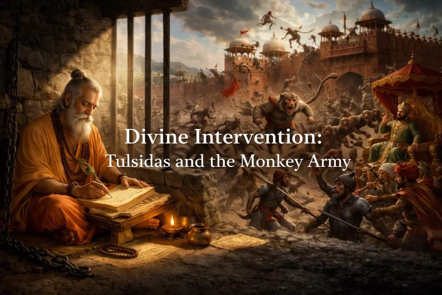 Tulsidas writing inside a cave while a dramatic battle with a monkey army and soldiers unfolds outside a fortified city, titled Divine Intervention.