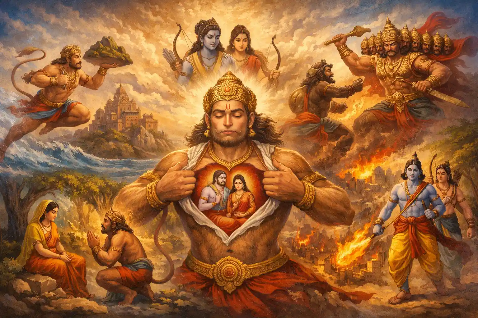 Hanuman opening his chest to reveal Rama and Sita, surrounded by scenes of leaping to Lanka, meeting Sita, burning Lanka, and battling Ravana.