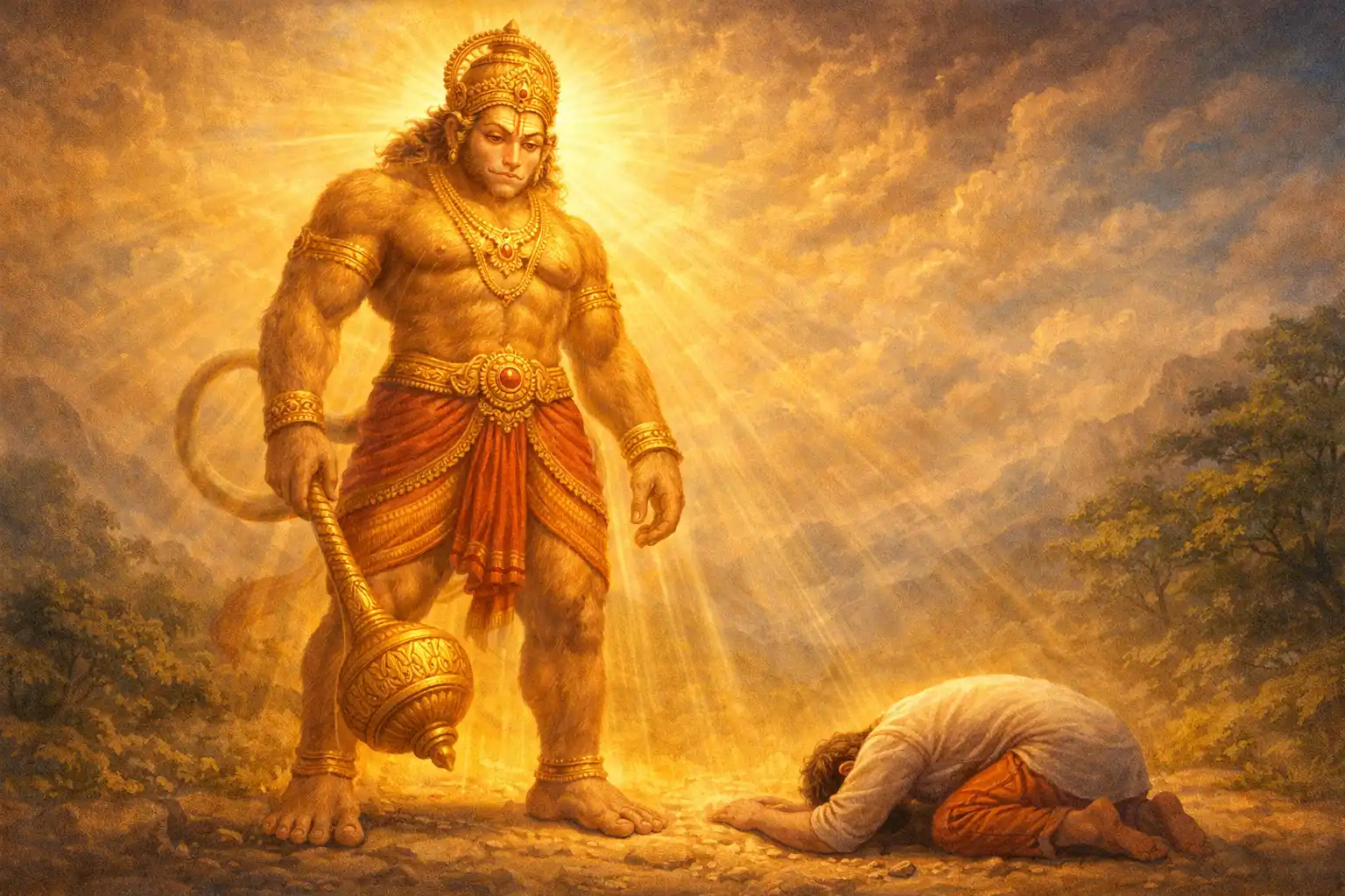 A small devotee prostrates at the feet of a towering, glowing Hanuman who radiates golden light, symbolizing wisdom and compassion.