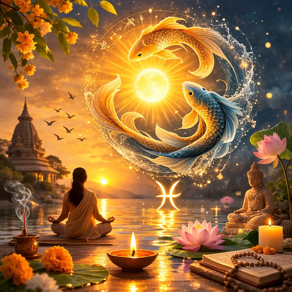 A serene cosmic moment as the Sun enters Pisces, inviting reflection, peace, and spiritual renewal.