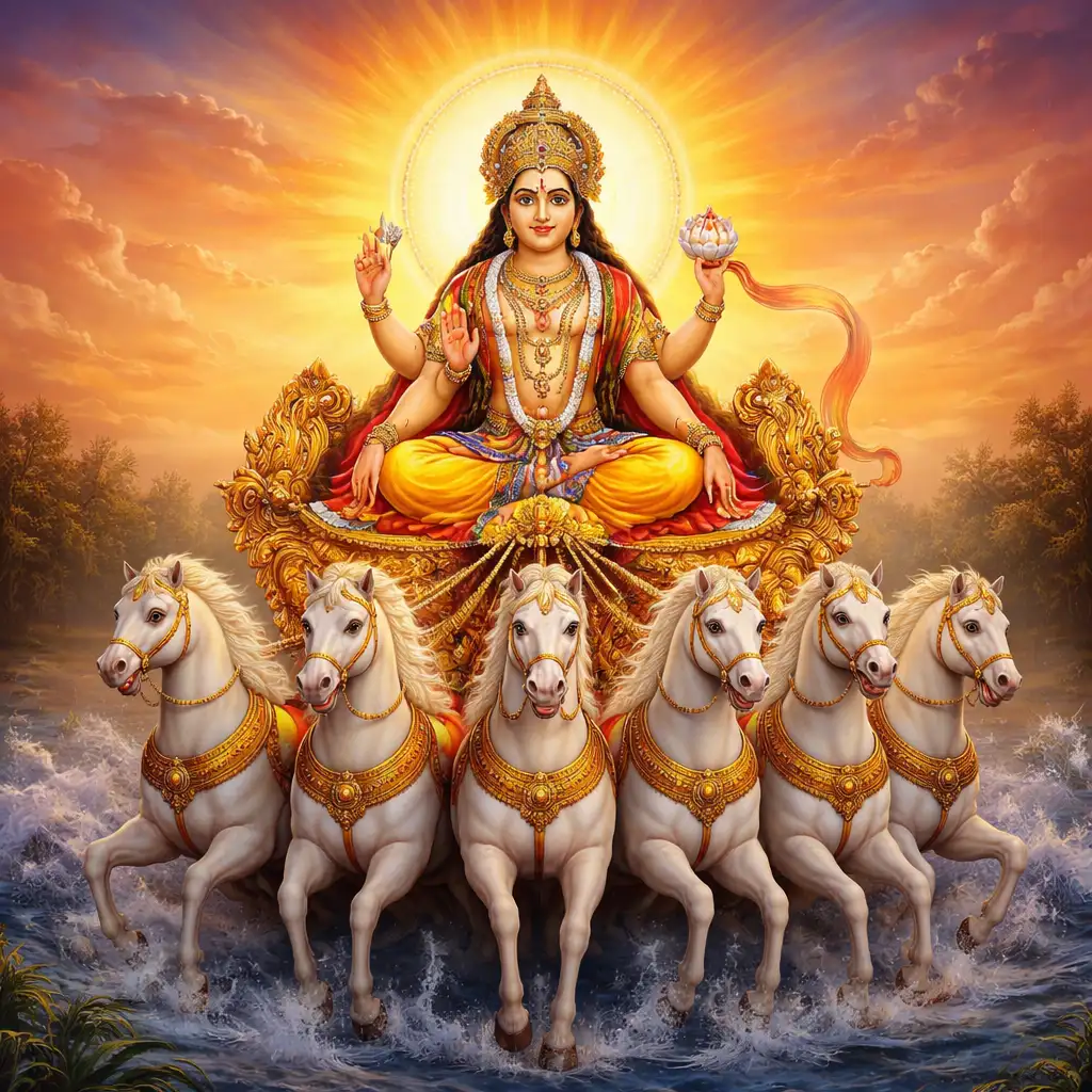 Surya Dev, the Sun God, symbolizes light, energy, and the sacred solar transition celebrated during Meena Sankranti.