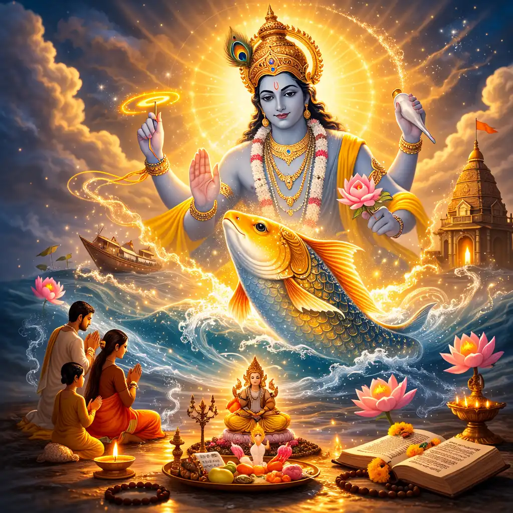 . The sacred Matsya Avatar of Lord Vishnu represents preservation, protection, and divine guidance during times of change.