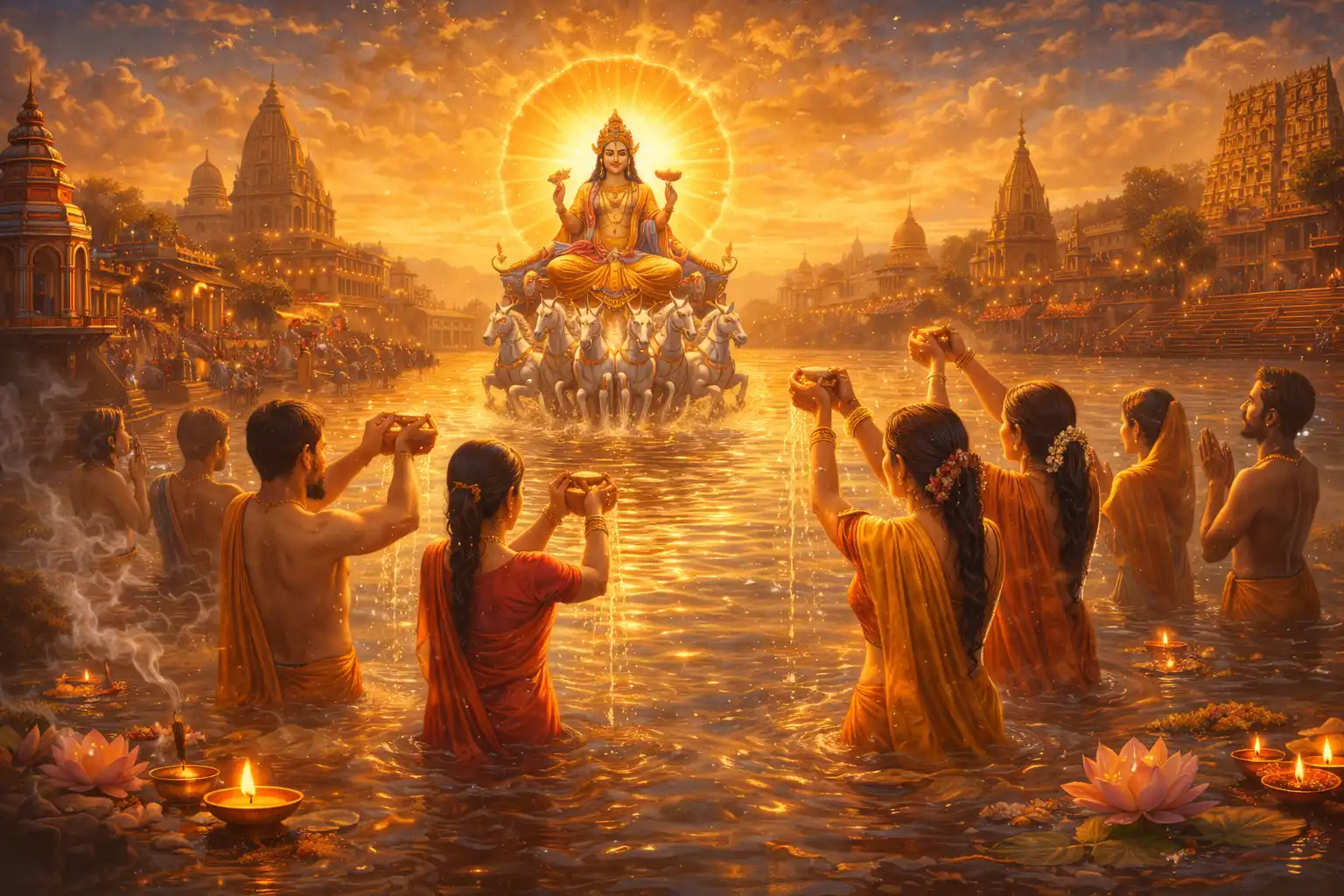 On Meena Sankranti, devotees bathe in sacred rivers and offer Arghya to Surya Dev, seeking purification and divine blessings.