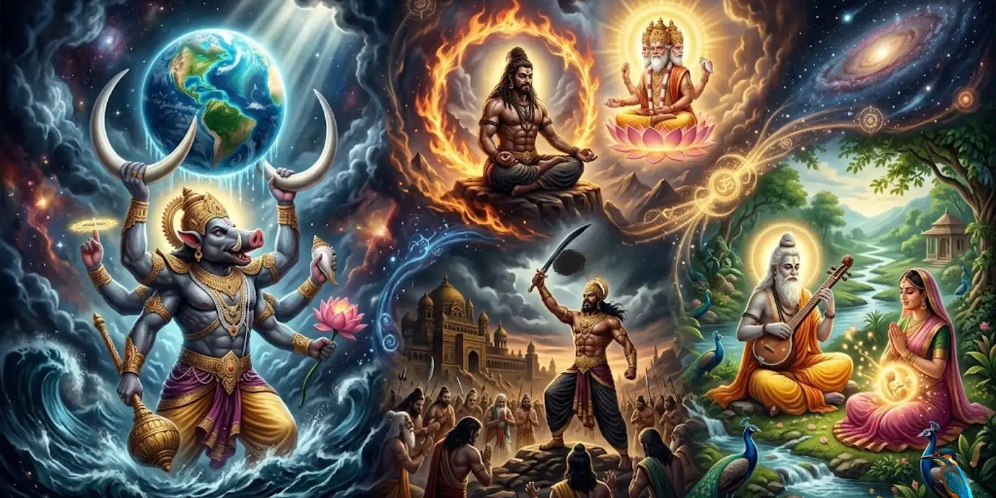 A vibrant collage depicting various Hindu deities and mythological scenes in a cosmic setting.