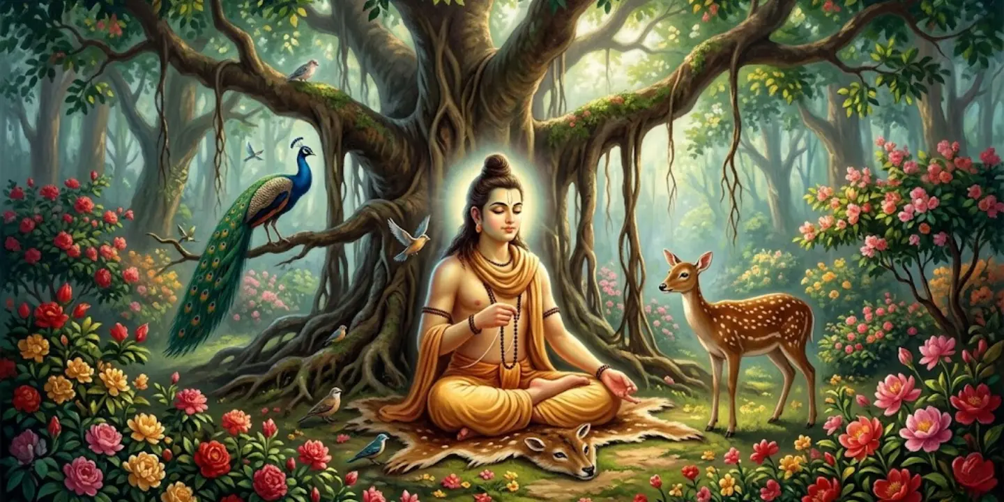 A saint in meditation under tree in forest.