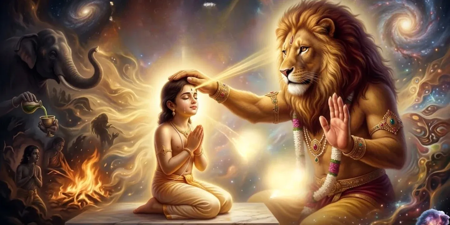 LORD NARSIMHA blessing and protecting bhakt Prahlad.