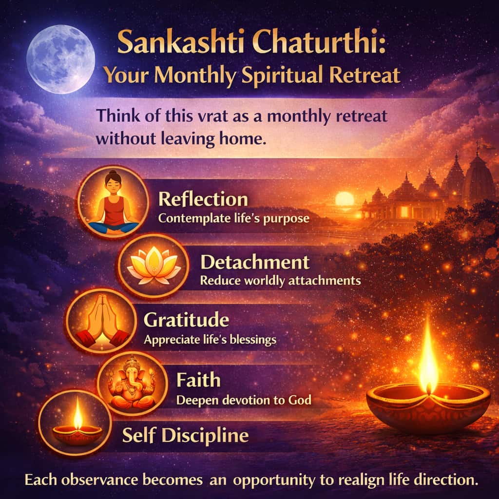 Sankashti Chaturthi is a monthly spiritual retreat that nurtures reflection, detachment, gratitude, faith, and self discipline, helping devotees realign life with inner peace and divine purpose.