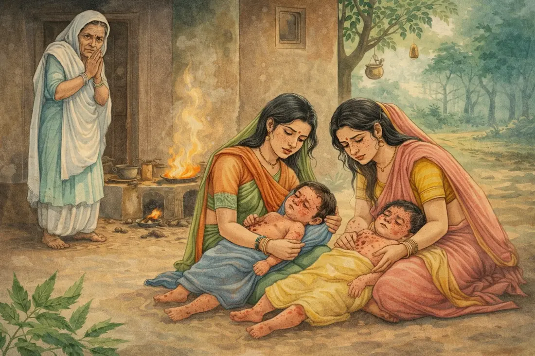 Two daughters-in-law with sick children after lighting the stove on the Sheetala Ashtami