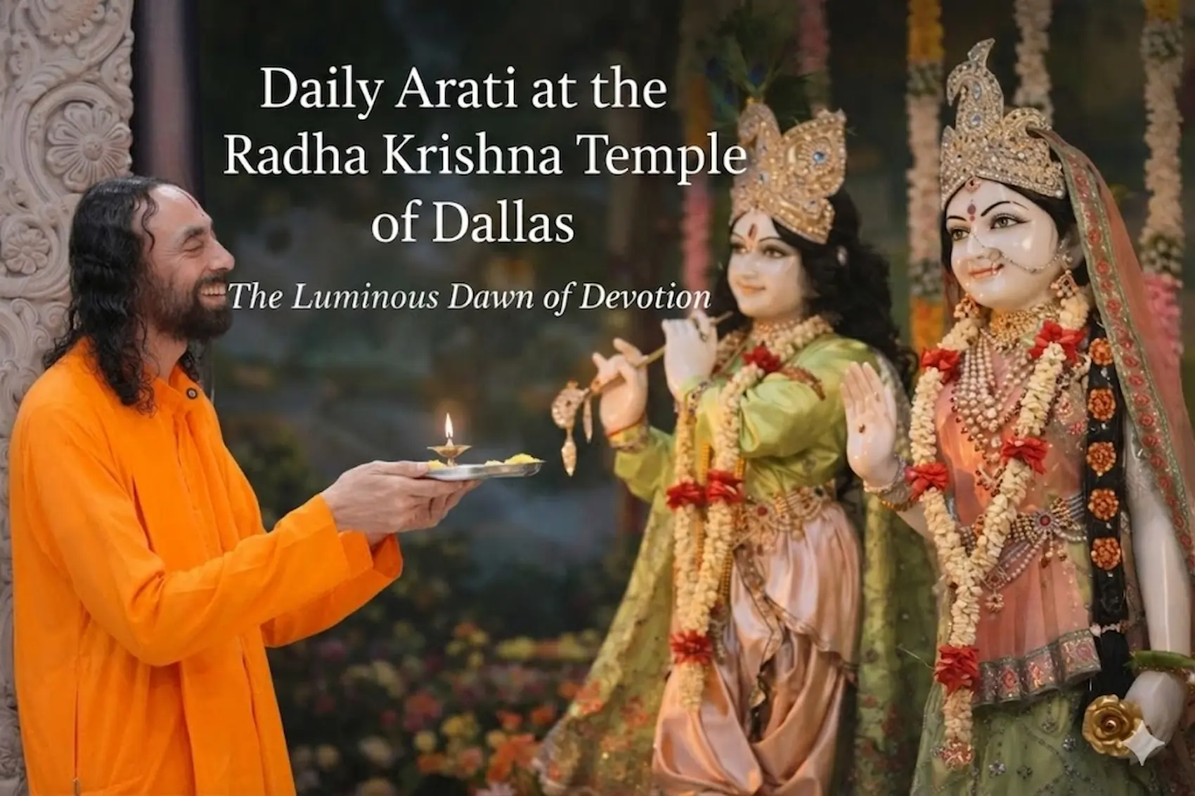 Swamiji performing Arati to Radha and Krishna deities at the Radha Krishna Temple of Dallas.