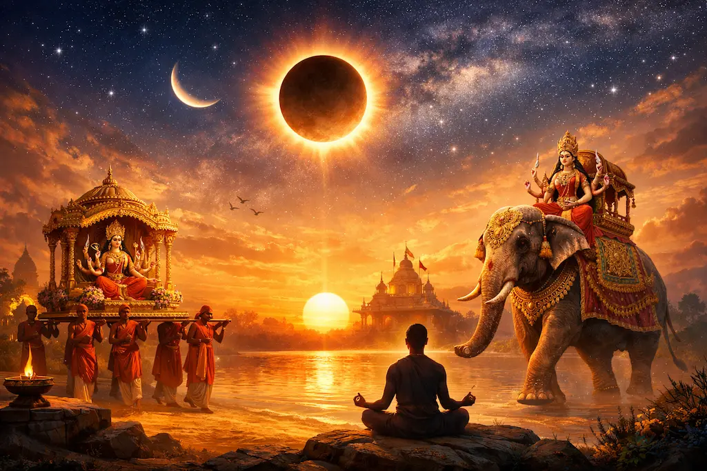 Durga on palki and elephant - Chaitra Navratri 2026 - symbolizing Navratri transformation