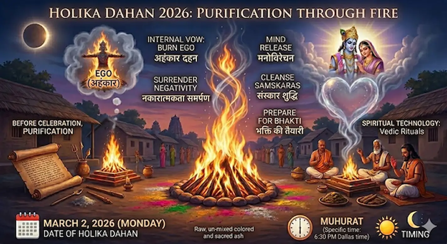 Holika Dahan 2026 sacred fire illustration with purification and muhurat timing.