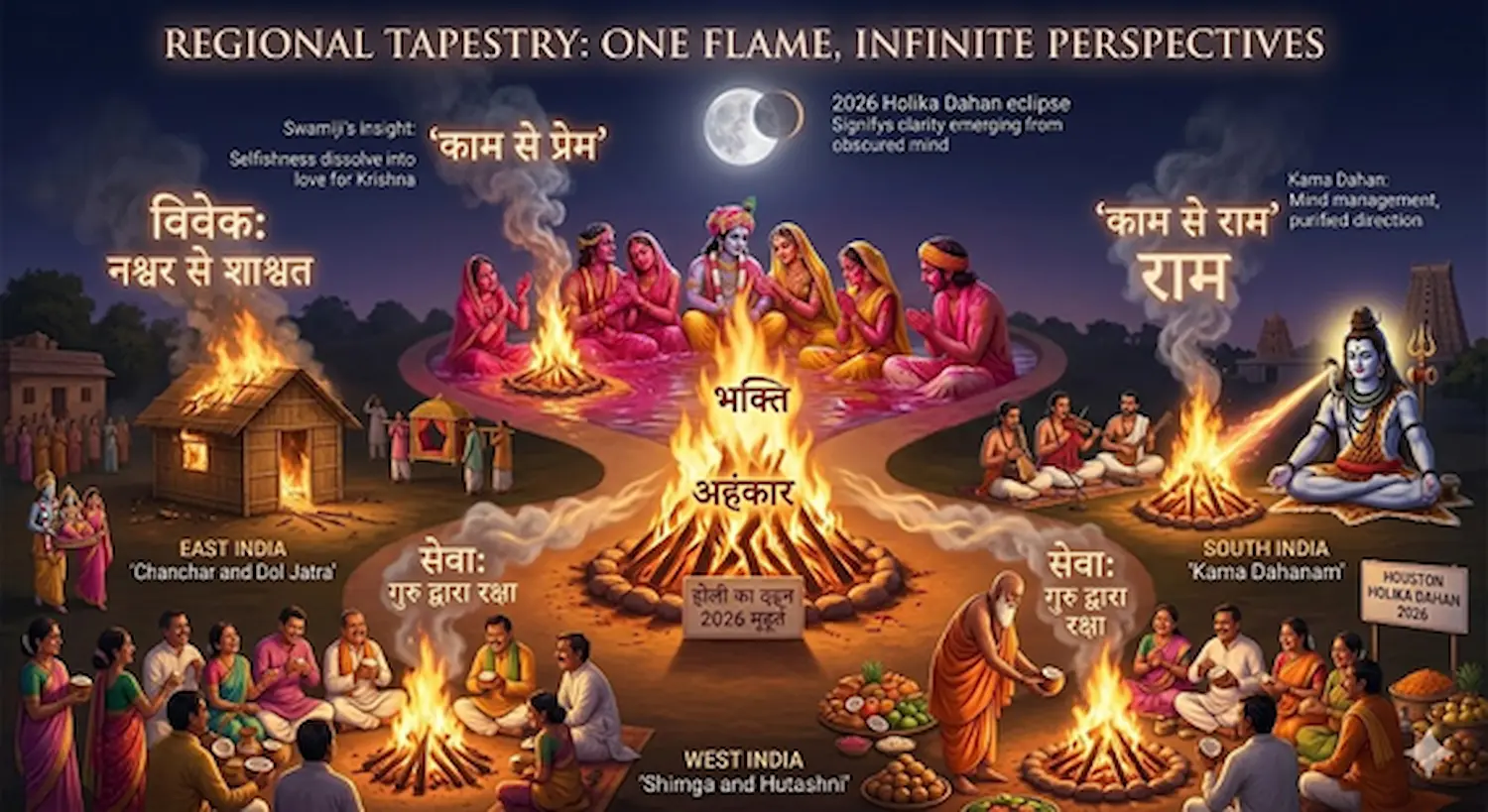 Holika Dahan 2026 regional traditions: North, South, East, and West India celebrations around one sacred fire.