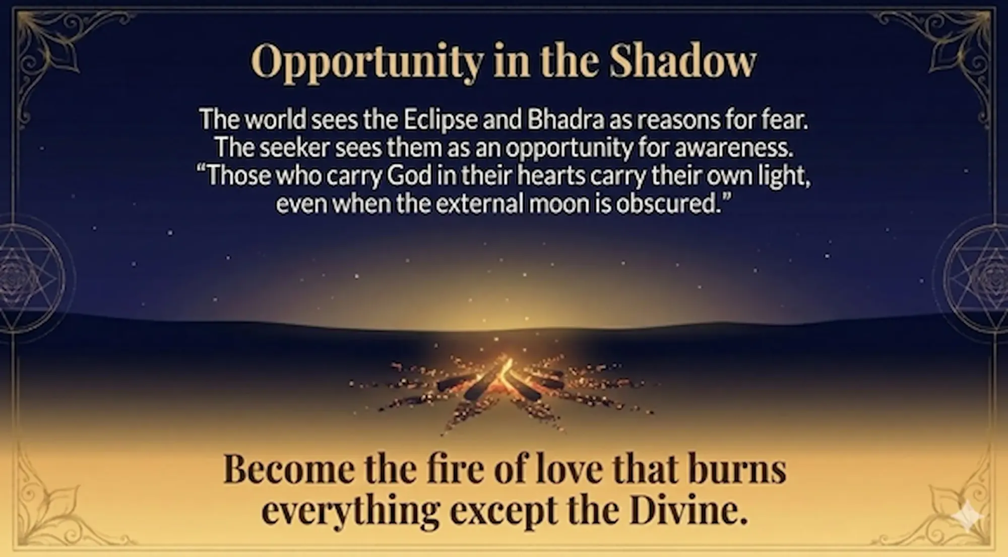 Holika Dahan 2026 eclipse reflection graphic with sacred fire and message about awareness and divine love.