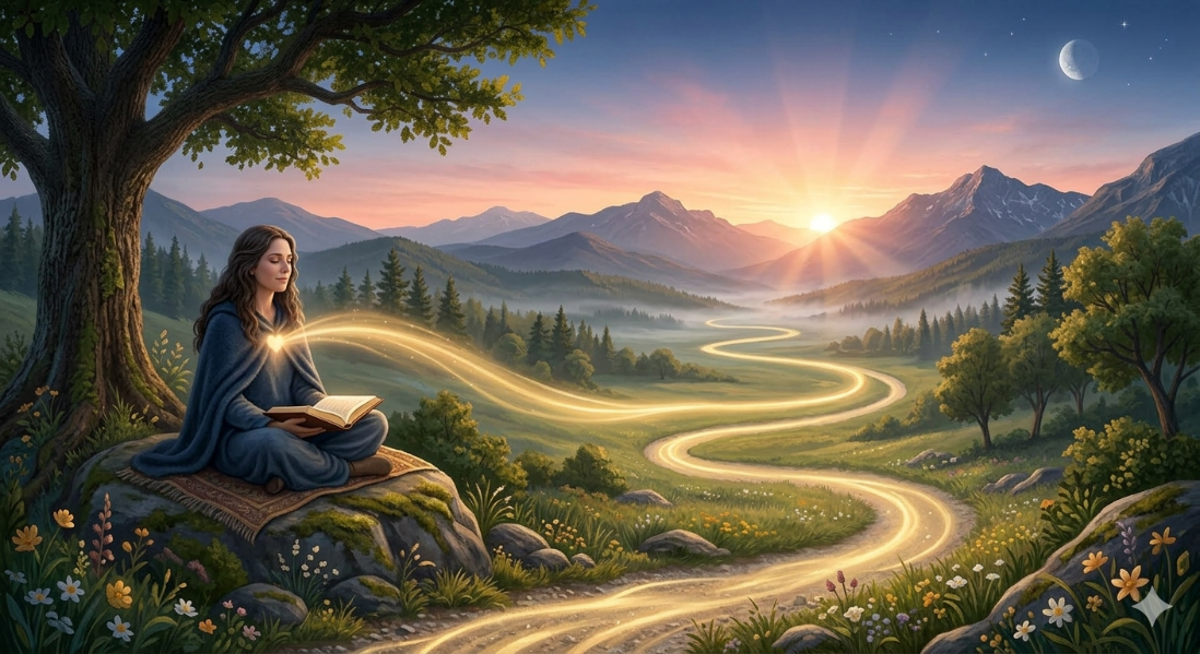 A person sitting on a rock with a book and a winding road
Description automatically generated