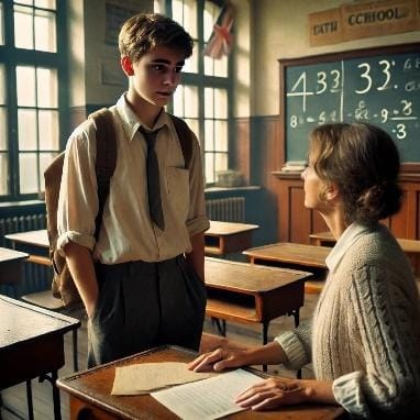 A person standing next to a person in a classroom
Description automatically generated