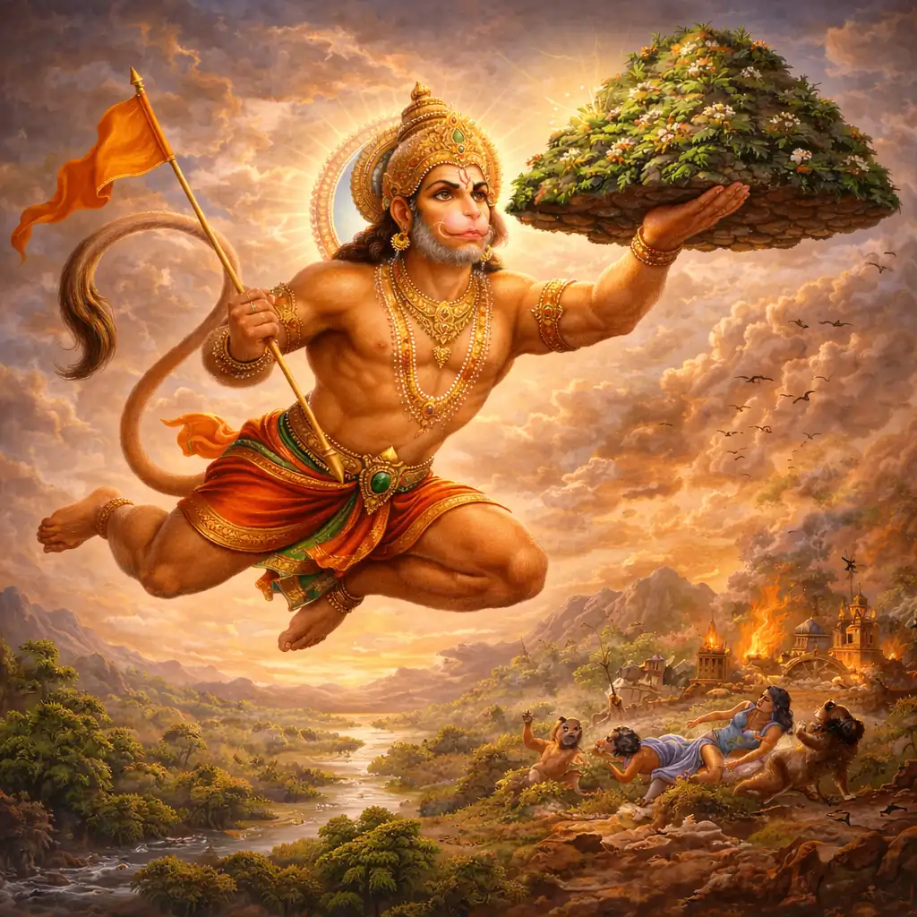 Lord Hanuman carrying the Sanjeevani mountain to save Lakshmana in the Ramayana
