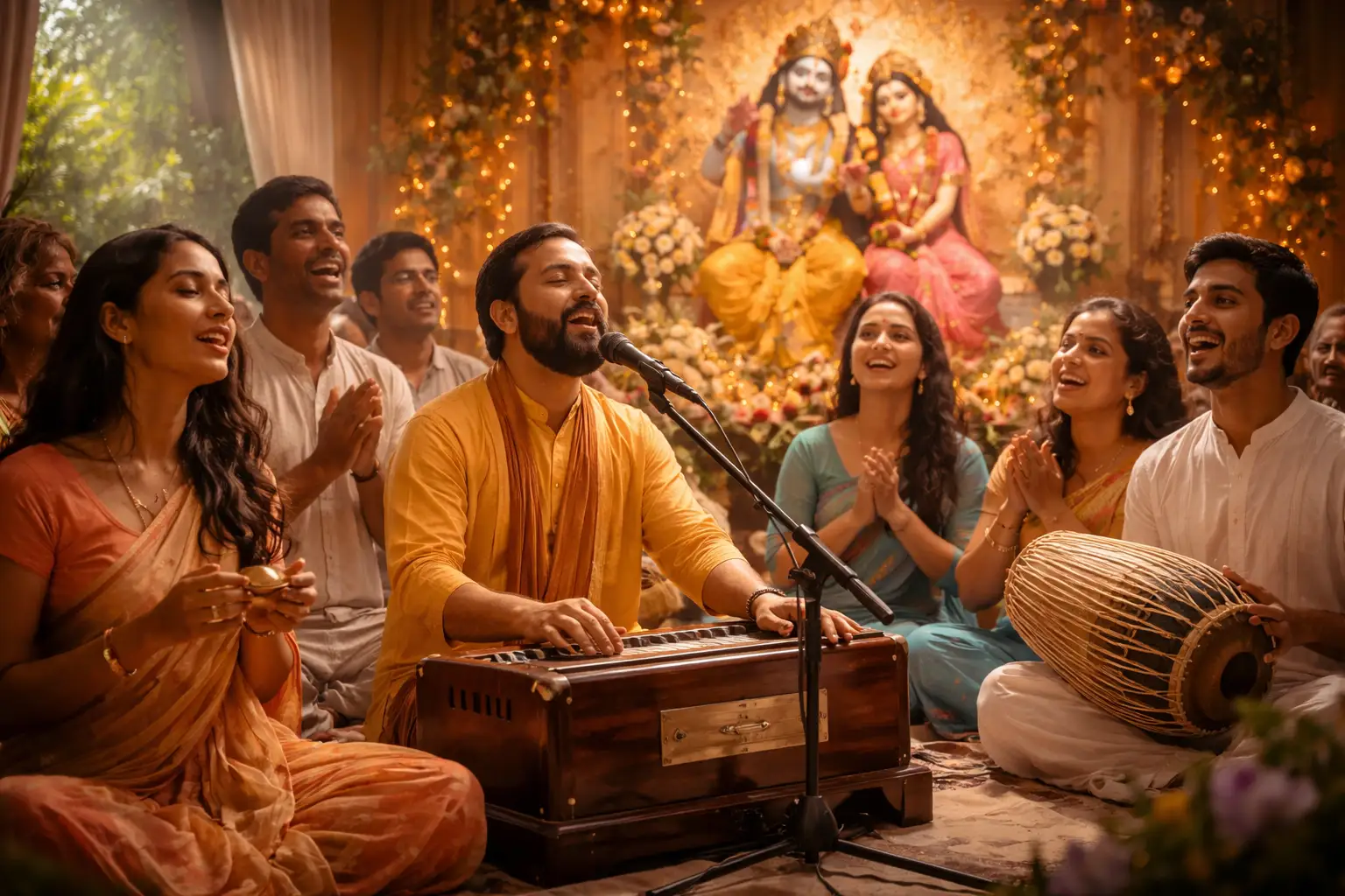 A group of devotees performing kirtan