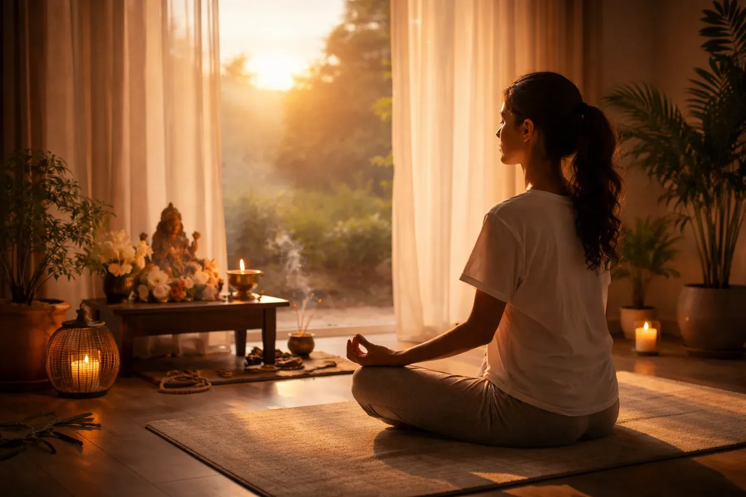 A person meditating in the early morning hours 