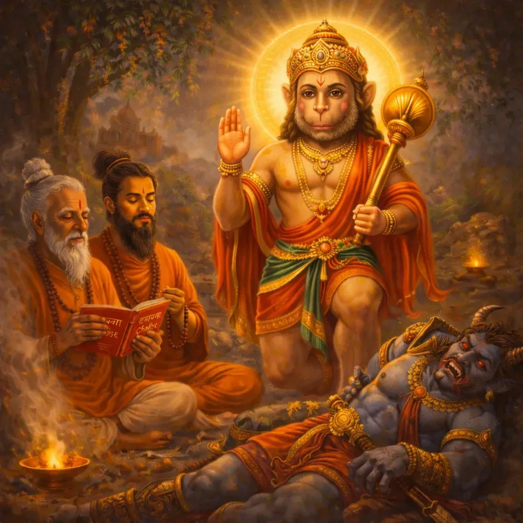 Lord Hanuman protecting saints and defeating demons in Hanuman Chalisa verse illustration