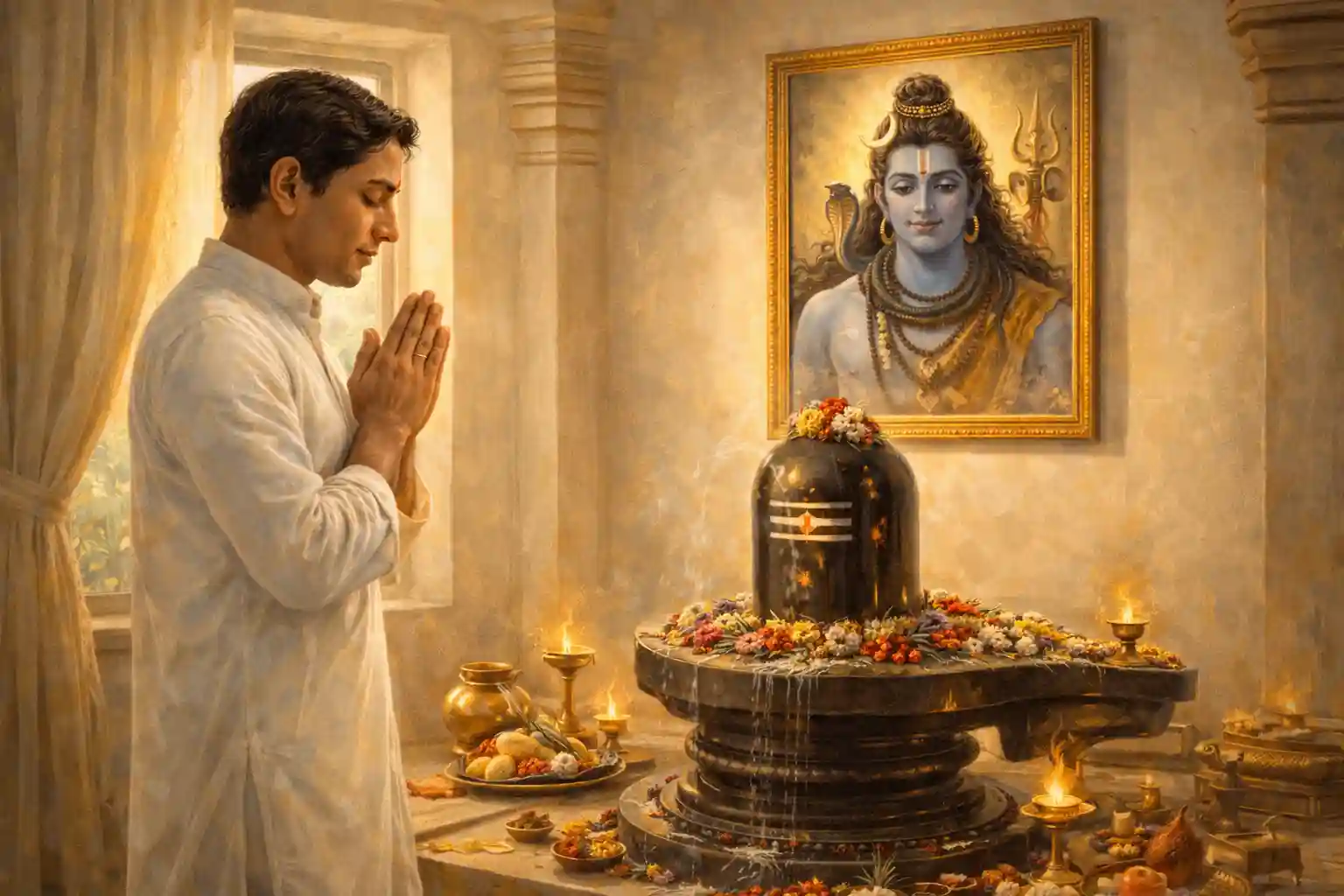 With great devotion and sincerity, the devotee prays with folded hands to Lord Shiva as he takes his sankalp to observe the vrat with sincerity.